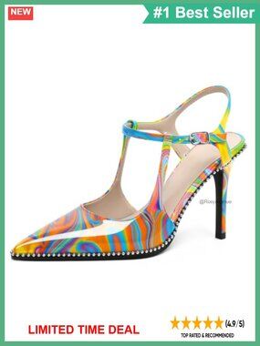 Women's Patent Leather Ankle Strap Pointed Toe Stiletto Pumps Beaded Dress Shoes